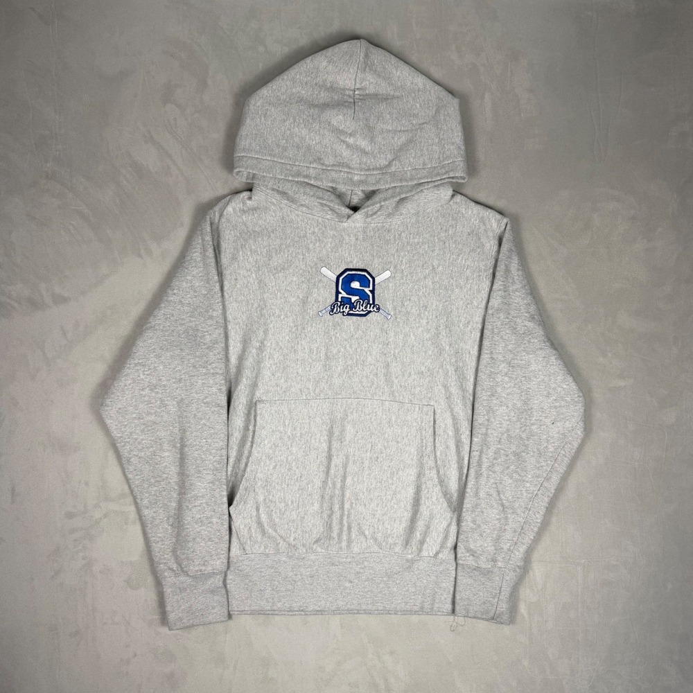 Y2K Mens Big Blue Baseball Embroidered Hoodie Heather Gray Medium